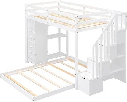 Ball & Cast Twin Over Full Bunk Bed with Safty Guardrail & Storage Stairs,Wood Bedframe W/ 3-Layer Shelves & Drawers,Easy Assembly,Space Saving,Compact Bedroom Furniture Set for Boy Girl Teens,White