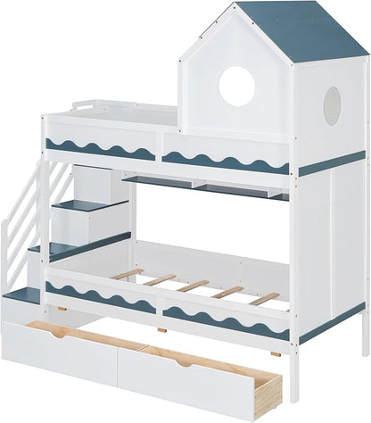 Virubi Twin House Bunk Bed with Stairs and Drawers,Wood Castle Bed with Storage Drawers Shelves& LED Lights (Twin Over Twin,White)