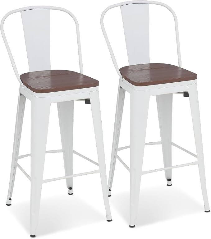 Athena Collection Counter Height Bar Stools Set of 2, 30.5 Inches Modern Barstools Set of 2 with Back and Metal Legs, Counter Height Bar Stool Chairs for Kitchen Island, Home, Dining Room, White