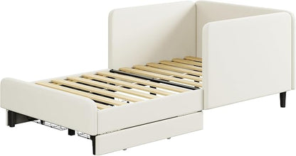 LIKIMIO Twin XL Daybed with Headboard, Corner Bed Frame with Bed Rails and Storage Drawers, Solid Support, for Bedroom Guest Room, Cream
