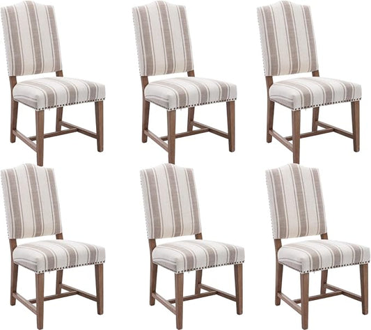 EALSON Upholstered Dining Chairs Set of 6 Farmhouse Dining Room Chairs with Wood Legs and Nailhead Trim Mid Century Modern Kitchen Chairs with High Back Padded Parson Chairs, Linen Brown Stripe