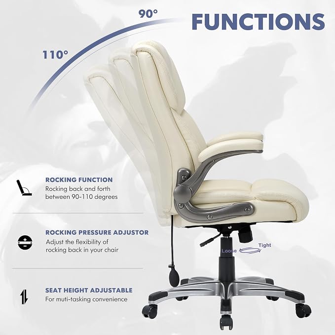 COLAMY Leather Executive Office Chair- High Back Home Computer Desk Chair with Padded Flip-up Arms, Adjustable Tilt Lock, Swivel Rolling Ergonomic Chair for Adult Working Study-Lvory, Set of 2