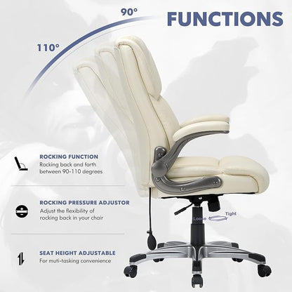 COLAMY Leather Executive Office Chair- High Back Home Computer Desk Chair with Padded Flip-up Arms, Adjustable Tilt Lock, Swivel Rolling Ergonomic Chair for Adult Working Study-Lvory, Set of 2