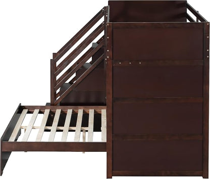 RUNNA Twin Over Full Bunk Bed with Storage Stairs, USB, Light Espresso | Twin over full bunk bed with storage stairs,USB charging station,light,solid wood,guardrails,no box spring needed Espresso