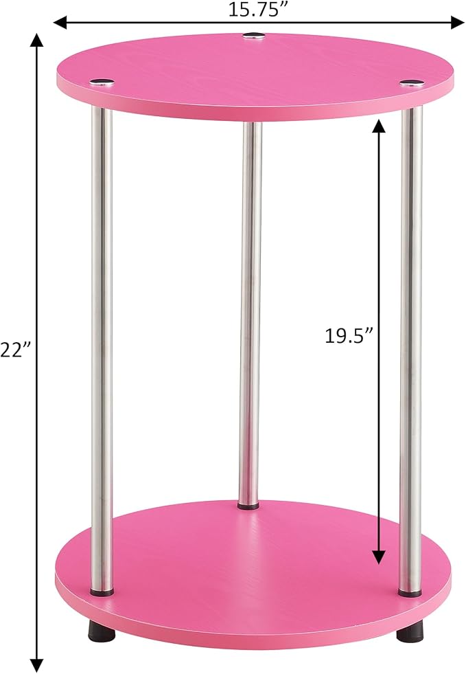 Convenience Concepts Designs2Go No Tools 2 Tier Round End Table 15.75" - Contemporary Modern Side Table with Storage Shelf for Family Room, Office, Den, Pink