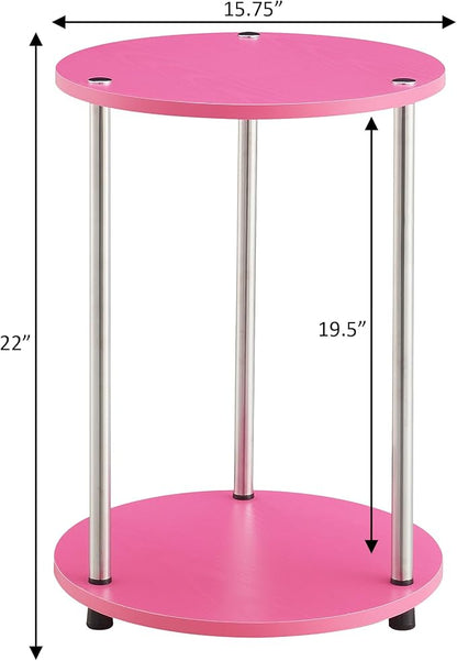 Convenience Concepts Designs2Go No Tools 2 Tier Round End Table 15.75" - Contemporary Modern Side Table with Storage Shelf for Family Room, Office, Den, Pink