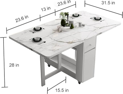 FUNROLUX Folding Dining Table with Rack and 2 Storage Drawers, Movable Extendable Space Saving Kitchen Table in 3 Forms (White)