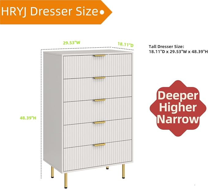 White Fluted 48" Tall Dresser for Bedroom with 5 Drawers and Gold Handle, 30 inch Wide Chest of Drawers Modern Dresser, Wooden Side Table Storage Dressers Organizer for Living Room