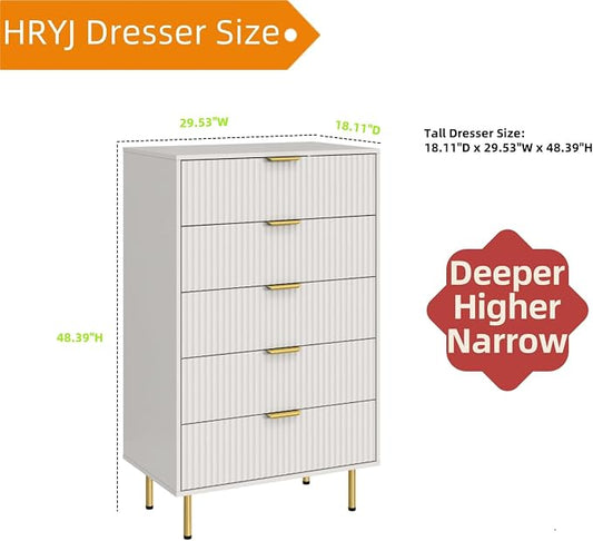 White Fluted 48" Tall Dresser for Bedroom with 5 Drawers and Gold Handle, 30 inch Wide Chest of Drawers Modern Dresser, Wooden Side Table Storage Dressers Organizer for Living Room