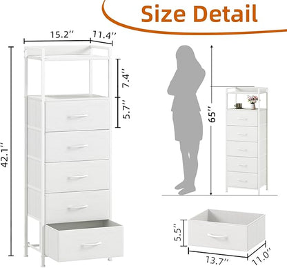 Somdot Tall Dresser for Bedroom, 5 Drawers Nightstand Vertical Storage Tower Unit, Night Stand Furniture with Fabric Drawer Organizer in Bedside Hallway, Entryway, Kids Room, Closet, White Leather