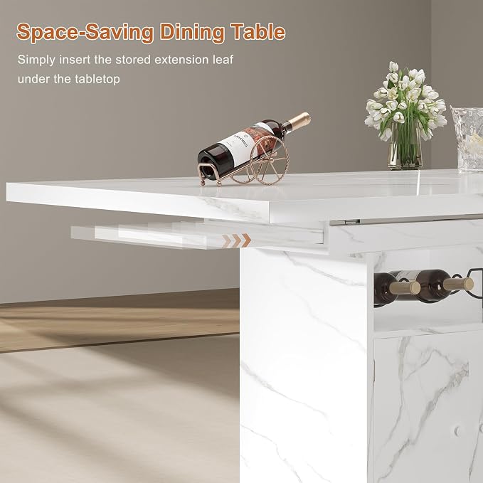 Extendable Dining Room Table for 4-6, 47-63 Inch Faux Marble Extendable Dining Table, Modern Expandable Rectangle Kitchen Dining Table with Storage for Kitchen Living Room