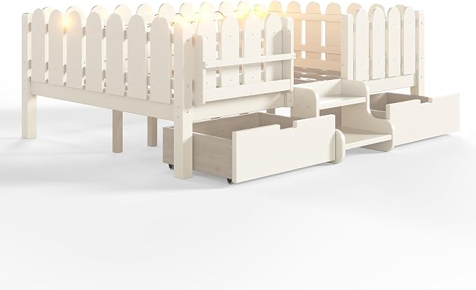 Bellemave Full Size Montessori Bed with Stairs, Lights, Rails and Slats, Full Size Montessori Floor Bed with Bookshelf and 2 Storage Drawers, Easy Assemble Beds Frame for Girls, Boys, Beige