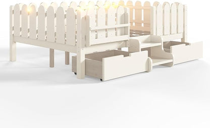 Bellemave Full Size Montessori Bed with Stairs, Lights, Rails and Slats, Full Size Montessori Floor Bed with Bookshelf and 2 Storage Drawers, Easy Assemble Beds Frame for Girls, Boys, Beige