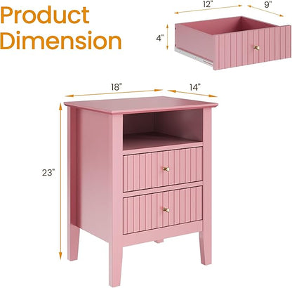 RoyalCraft Pink Fluted Nightstand Set of 2, Colorful Nightstand with 2 Drawers, Modern Wooden End Table with Storage for Small Spaces, Side Table for Bedroom, Couch, Home Office