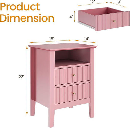 RoyalCraft Pink Fluted Nightstand Set of 2, Colorful Nightstand with 2 Drawers, Modern Wooden End Table with Storage for Small Spaces, Side Table for Bedroom, Couch, Home Office