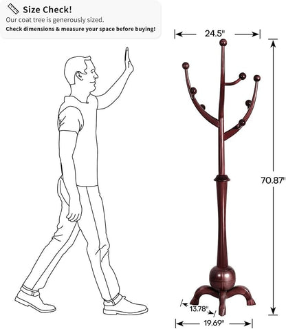 Bekrvio Freestanding Wood Coat Rack with Stable Sphere Base, Wine Red | 8 Hooks Tree Branch Design, Heavy Duty Standing Coat Hanger for Entryway, Hallway, Bedroom, Foyer; Hangs Coats, Hats, Bags