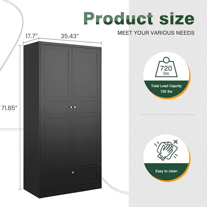 Letaya Metal Wardrobe Cabinets,18" Deep Clothing Storage Cabinet with Doors and Shelves,for Home Room,Fire Department, School, Employee,Gym,Government (Black)