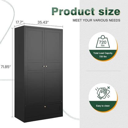 Letaya Metal Wardrobe Cabinets,18" Deep Clothing Storage Cabinet with Doors and Shelves,for Home Room,Fire Department, School, Employee,Gym,Government (Black)