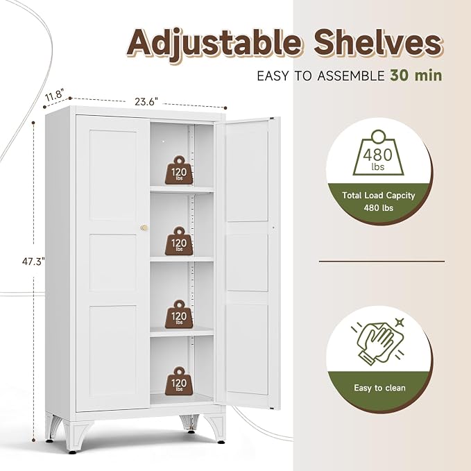 Letaya 47.3" H Metal Storage Cabinet with 2 Doors and 3 Shelves,Freestanding Bathroom Floor Cabinets,Kitchen Pantry Cabinets,Utility Pantry Organizers for Cupboard/Dining/Home Office/Garage,White