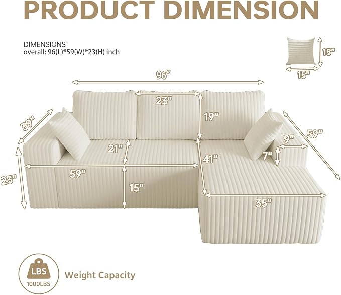 Cloud Boneless Sectional Cream Couches with Oversized Chaise for Living Room, Modular L Shaped Couch with Deep Seat, Memory Foam Compressed 3 Seater Sofa for Apartment