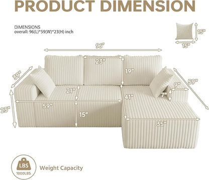 Cloud Boneless Sectional Cream Couches with Oversized Chaise for Living Room, Modular L Shaped Couch with Deep Seat, Memory Foam Compressed 3 Seater Sofa for Apartment