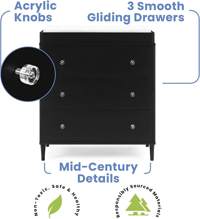 Delta Children Bowie 3 Drawer Dresser with Changing Top, Black Ebony
