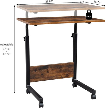 Standing Desk - Side Table Adjustable Height, Portable Laptop Cart, C-Shaped Bed Couch end Tables with Edge Stopper - Wheels for Living Room Bedroom Walking Pad Treadmill 23.6Inch Brown