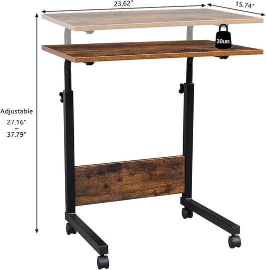 Standing Desk - Side Table Adjustable Height, Portable Laptop Cart, C-Shaped Bed Couch end Tables with Edge Stopper - Wheels for Living Room Bedroom Walking Pad Treadmill 23.6Inch Brown