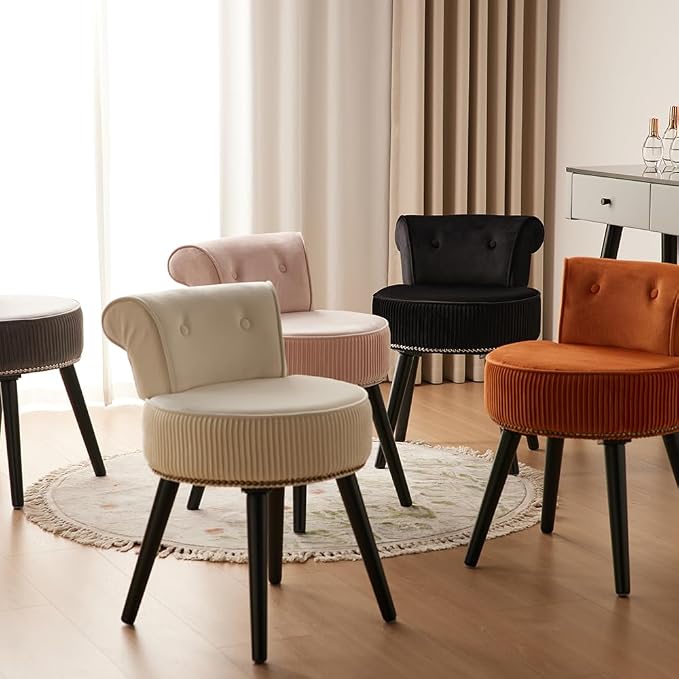 Small Vanity Chair with Back, Velvet Stool with Low Backrest & Silvery Nailhead Trim, Round Vanity Seat for Bedroom and Bathroom Makeup, Support 220lbs, Easy Assembly (Black)
