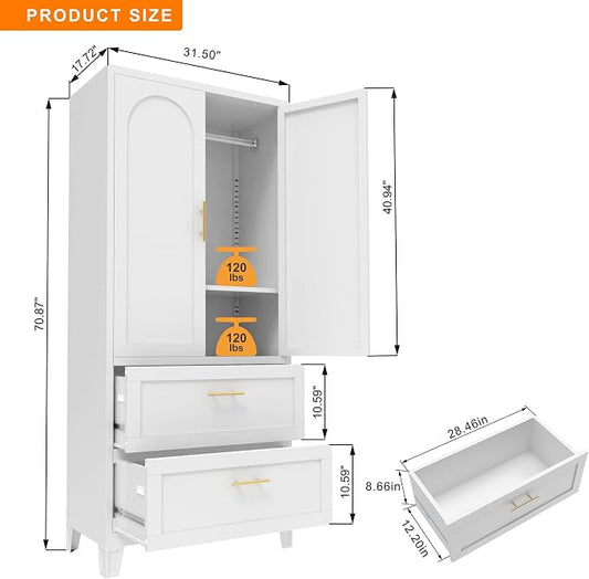Anwick Metal Wardrobe Closet, 71" Tall Black Metal Wardrobe Cabinet with Hanging Rod, 2 Drawers, 2 Doors and Adjustable Shelf for Bedroom Guest Room Laundry Room (White, 71" Tall)