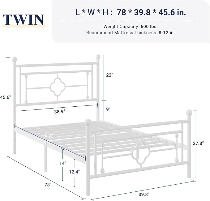 Allewie Twin Size Metal Platform Bed Frame with Victorian Vintage Headboard and Footboard/Mattress Foundation/Under Bed Storage/No Box Spring Needed/Noise-Free/Easy Assembly, White