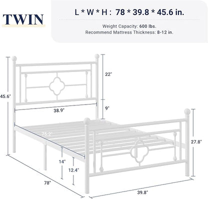 Allewie Twin Size Metal Platform Bed Frame with Victorian Vintage Headboard and Footboard/Mattress Foundation/Under Bed Storage/No Box Spring Needed/Noise-Free/Easy Assembly, White