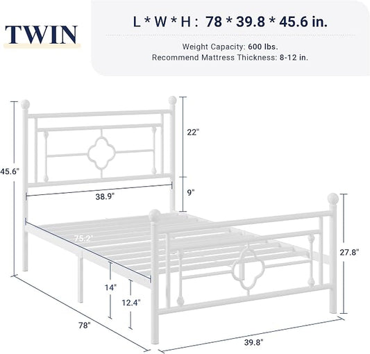 Allewie Twin Size Metal Platform Bed Frame with Victorian Vintage Headboard and Footboard/Mattress Foundation/Under Bed Storage/No Box Spring Needed/Noise-Free/Easy Assembly, White