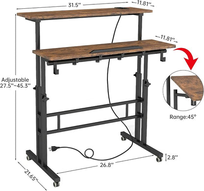 SIDUCAL Mobile Standing Desk with Charging Station, Portable Desk for Walking Pad, Adjustable Computer Workstation with Wheels, Office Table Stand with Tilted Desktop 23.62" D X 31.5" W Rustic Brown