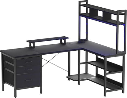 Aheaplus L Shaped Desk with Hutch, Gaming Desk with Led Lights, Reversible Computer Desk with Power Outlet, Corner Desk with File Drawer & Monitor Stand, Storage Shelves for Home Office, Black