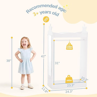 Curipeer Kids Dress Up Storage with Full-Length Mirror, Princess Closet for Little Girls, Kids Dress Up Rack with Crown Top, 42" Open Hanging Armoire Wardrobe for Bedroom, Playroom, Nursery, White