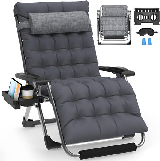 Slendor Oversized Zero Gravity Chair XXL, 33IN Outdoor Recliner Chair w/Removable Cushion&Headrest, Camping Lounge Chair w/Upgraded Lock&Footrest, Reclining Patio Chairs, Support 500lbs, Dark Gray