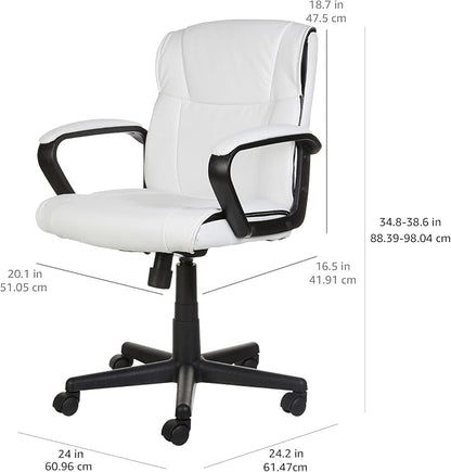Amazon Basics Office Task Chair with Adjustable Height, 360° Swivel, Padded Armrests, Mid-Back, 275 Pound Capacity, BIFMA Certified, 24.2"D x 24"W x 38.6"H, White Faux Leather