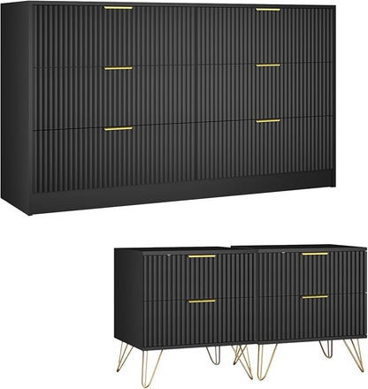 Black Dresser and Nightstand Sets, 6 Drawer Dresser Set for Bedroom 3 Piece, 55” Wide Fluted Wood Dressers W/Metal Handle & Night Stand Set of 2, Modern Bedroom Furniture Sets, Black