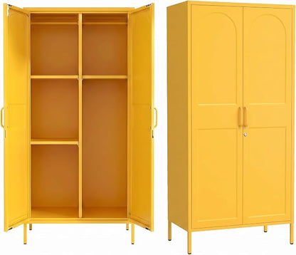 Lockable Closet Metal Wardrobe 67" Yellow 2 Door Wardrobe Bedroom Storage Cabinet Adjustable shelf Multi functional metal Storage Cabinet with hanging rail for domestic use 18.1" D x 31.5" W x 67" H
