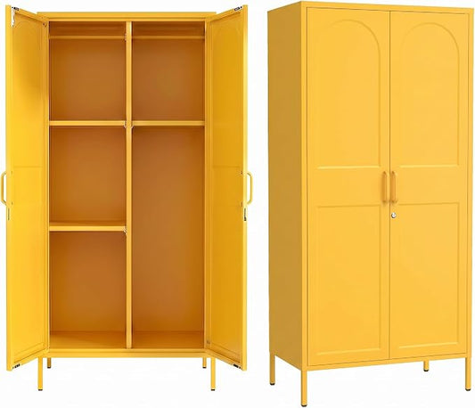 Lockable Closet Metal Wardrobe 67" Yellow 2 Door Wardrobe Bedroom Storage Cabinet Adjustable shelf Multi functional metal Storage Cabinet with hanging rail for domestic use 18.1" D x 31.5" W x 67" H