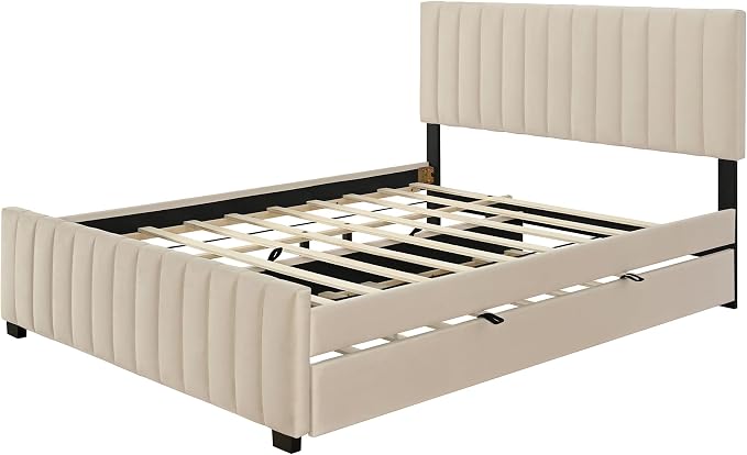 Ball & Cast Queen Bed Frame with Twin XL Size Trundle,Velvet Upholstered Platform Bed Frame Queen Size with Channel Tufted Headboard,Wood Slats Support,No Box Spring Needed,Easy Assembly,Beige