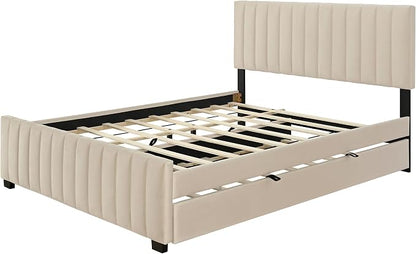 Ball & Cast Queen Bed Frame with Twin XL Size Trundle,Velvet Upholstered Platform Bed Frame Queen Size with Channel Tufted Headboard,Wood Slats Support,No Box Spring Needed,Easy Assembly,Beige