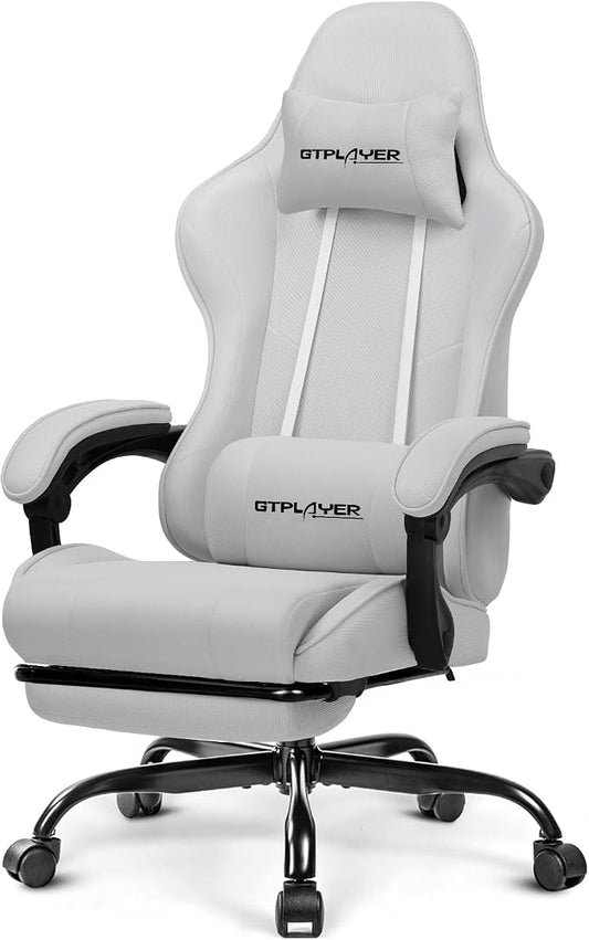GTPLAYER Gaming Chair with Footrest, Computer Chair with and Lumbar Support, Height Adjustable Game Chair with 360°-Swivel Seat and Headrest and for Office or Gaming (All Light Gray-Fabric)