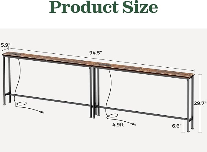 SUPERJARE 94.5 inch Narrow Console Table with Outlet, Sofa Tables, Behind Couch Table, Long Entryway Tables with Charging Station, for Living Room, Rustic Brown