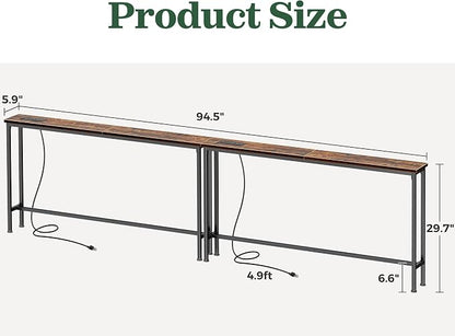 SUPERJARE 94.5 inch Narrow Console Table with Outlet, Sofa Tables, Behind Couch Table, Long Entryway Tables with Charging Station, for Living Room, Rustic Brown