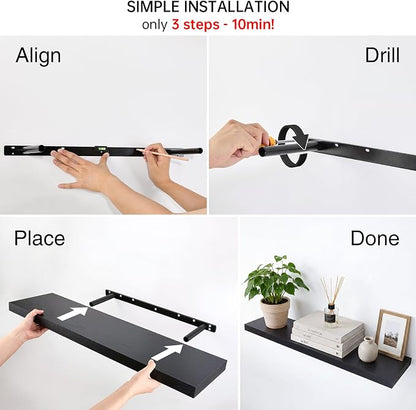BAYKA Floating Shelves for Wall, 35.4 inches Long Wall Mounted Rustic Wood Shelves for Bathroom, Bedroom, Living Room, Kitchen, Office, Hanging Shelf for Books/Storage/Decor(Black,Set of 2)