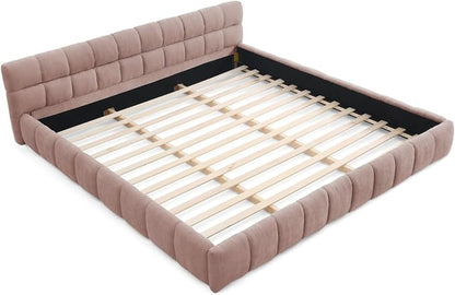 KEIKI King Thick Chenille Platform Bed Frame with Upholstered Tufted Headboard, Modern Solid Wood Floor Platform for Bedroom, No Box Spring Needed