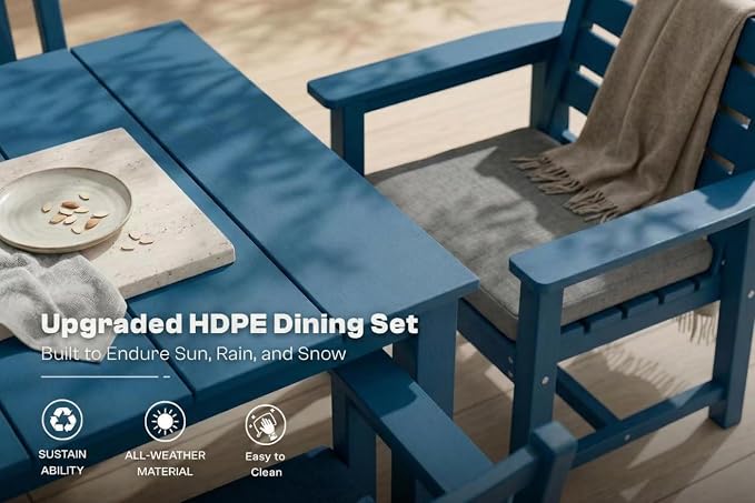 Perli™ 7-Piece Outdoor Dining Set, All-Weather HDPE Patio Furniture with 6 Ergonomic Chairs & Large Table, Built-in Umbrella Hole, UV-Resistant Set for Backyard, Deck, Poolside, Blue