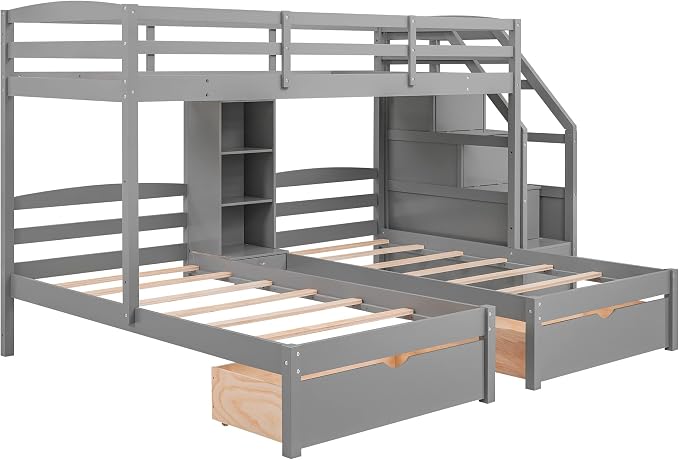 VilroCaz Twin Size Triple Bunk Bed with Drawers and Staircase, Solid Wood Bunk Bed Frame with Safety Full-Length Guardrail and Built-in Shelves, 3 Beds in 1 for Kids Teens Adults